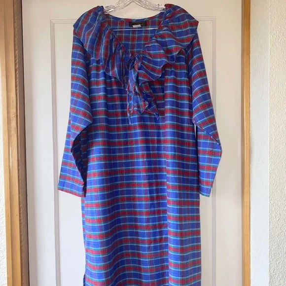 Eddie Bauer Womens L Ruffle Neck 3/4 length Nightgown Red Blue PLAID 90s USA - Picture 1 of 14